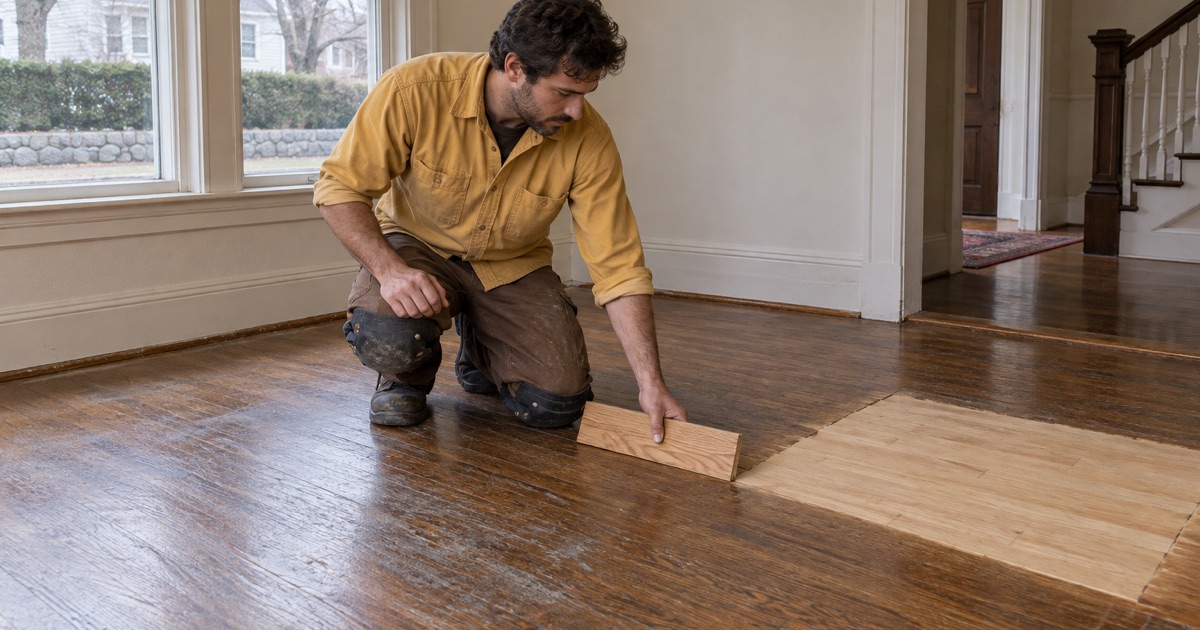 Worker holding a freshly sanded oak sample board against the old amber finish of a 1920s Waltham dining room floor.