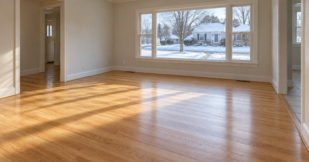 A finished white oak floor in the front room of a Waltham Cape on a snowy morning, low winter light across the boards.