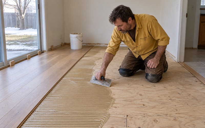 Worker spreading adhesive with a notched trowel over a plank subfloor before laying engineered oak in a Waltham room.