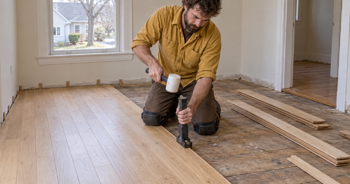 Worker striking a flooring nailer seated on the tongue edge of a white oak board in an emptied Waltham room.