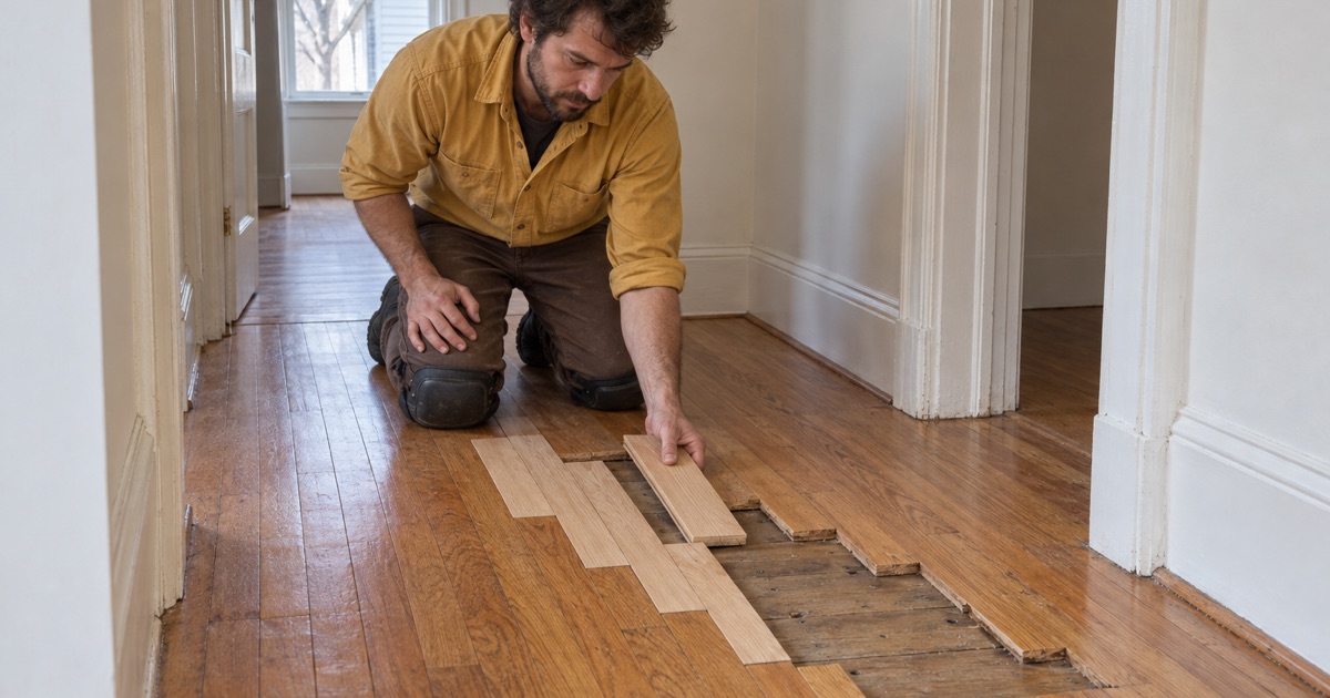 Worker dropping a new oak board into a staggered lace-in repair in a Waltham hallway floor.
