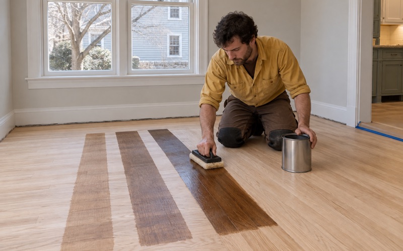 Worker wiping a stain sample across bare white oak with a lambswool block in a Waltham dining room.