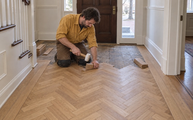 Worker striking a tapping block against the edge of a white oak herringbone block in a Waltham entry hall.
