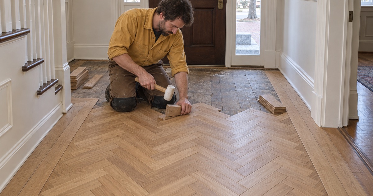 Worker striking a tapping block against the edge of a white oak herringbone block in a Waltham entry hall.