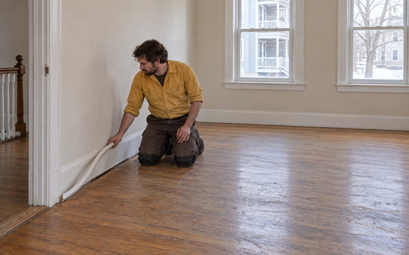 Worker easing a length of shoe molding off the baseboard of an emptied Waltham rental unit before refinishing.
