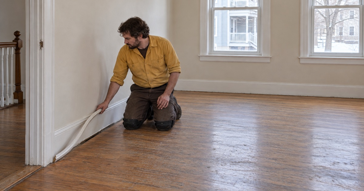 Worker easing a length of shoe molding off the baseboard of an emptied Waltham rental unit before refinishing.