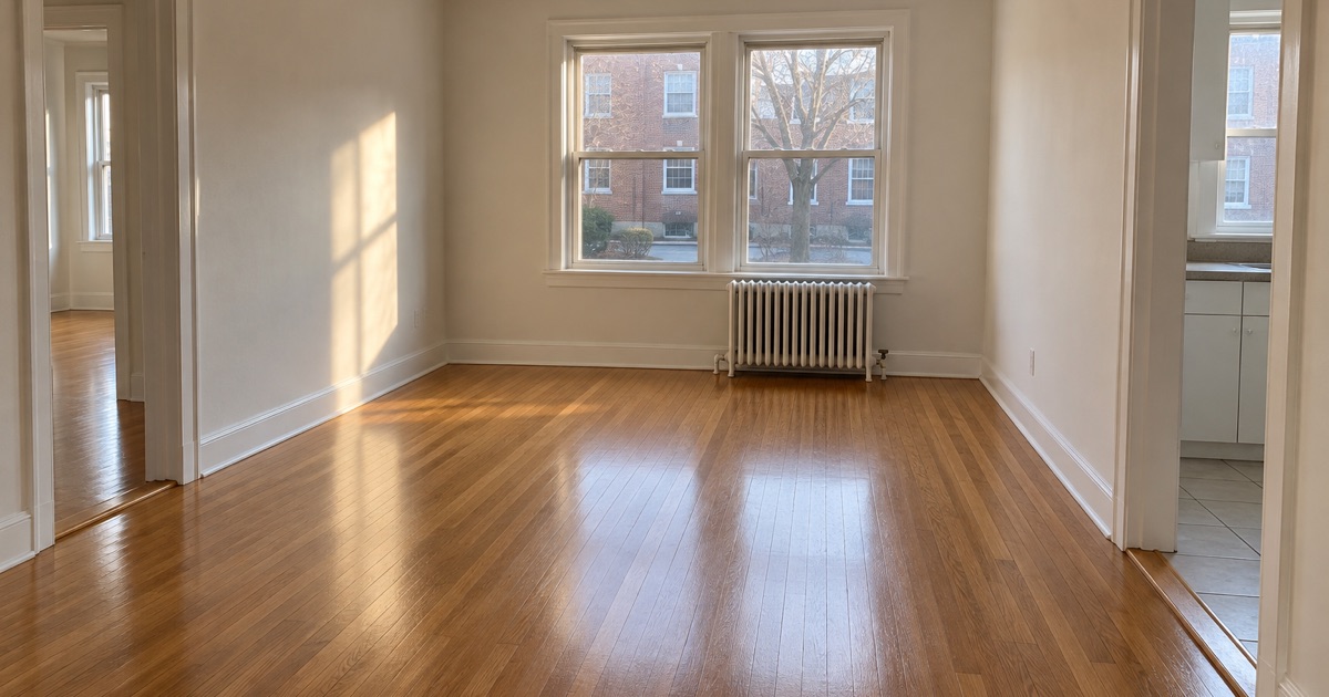 An emptied Waltham apartment with a freshly finished red oak floor and a cast-iron radiator under the window, ready to be let.