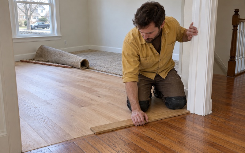 Worker seating a new oak threshold in a Waltham doorway where wall-to-wall carpet met the hall.