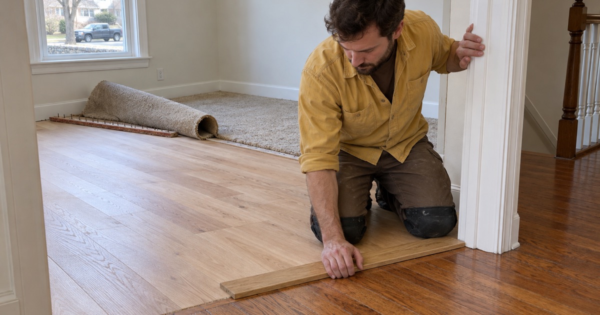 Worker seating a new oak threshold in a Waltham doorway where wall-to-wall carpet met the hall.