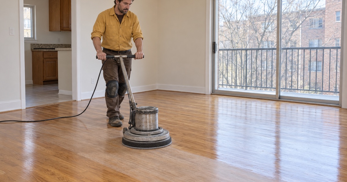 Worker running an upright buffer with a screening pad across an existing oak floor in an emptied Waltham condominium.