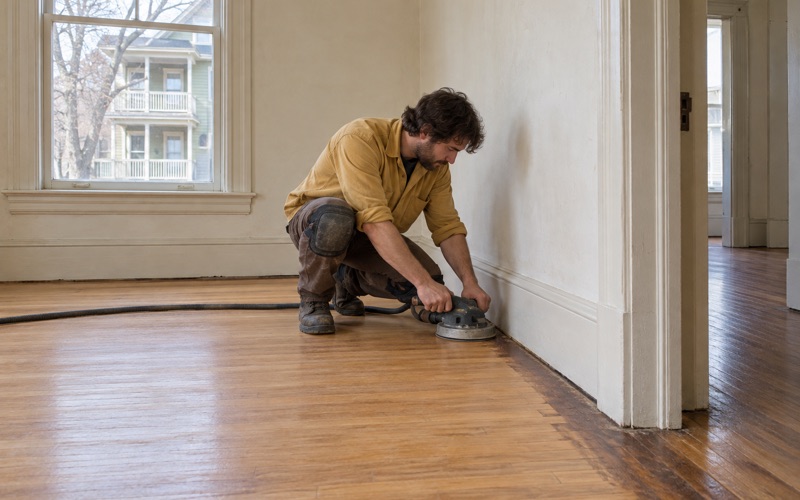 Worker running an edger along the baseboard of a Waltham two-family parlor where the drum sander cannot reach.