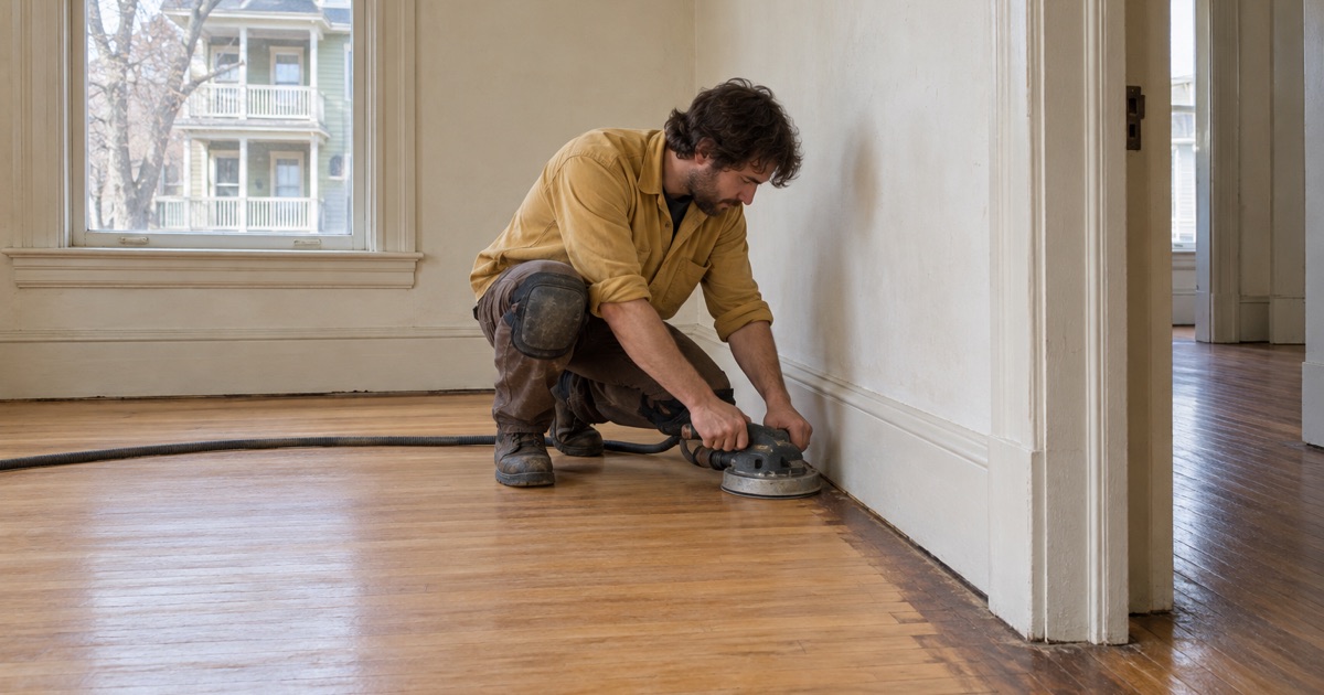 Worker running an edger along the baseboard of a Waltham two-family parlor where the drum sander cannot reach.