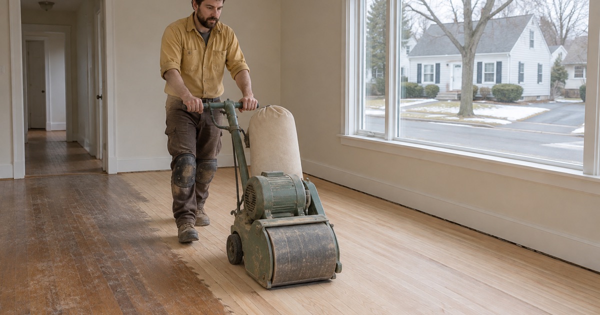 Worker walking a drum sander along red oak strip flooring in an emptied 1950s Waltham Cape, bare maples through the picture window.
